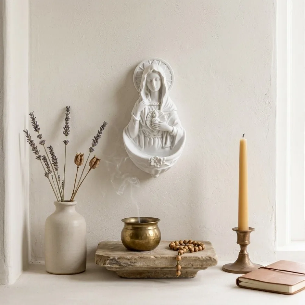 Decorative Mother Virgin Mary Figurine Wall-mounted Storage Rack Prayer Rosary Holder Nordic Style Religious