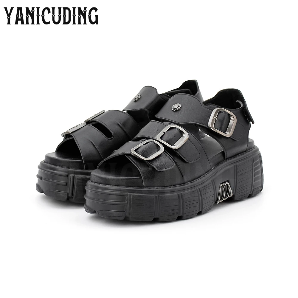 

Punk Rock Designer Style Sandals Platform Black Leather Gothic Summer Shoes Comfortable Metallic Buckle Women's Fashion Sandals