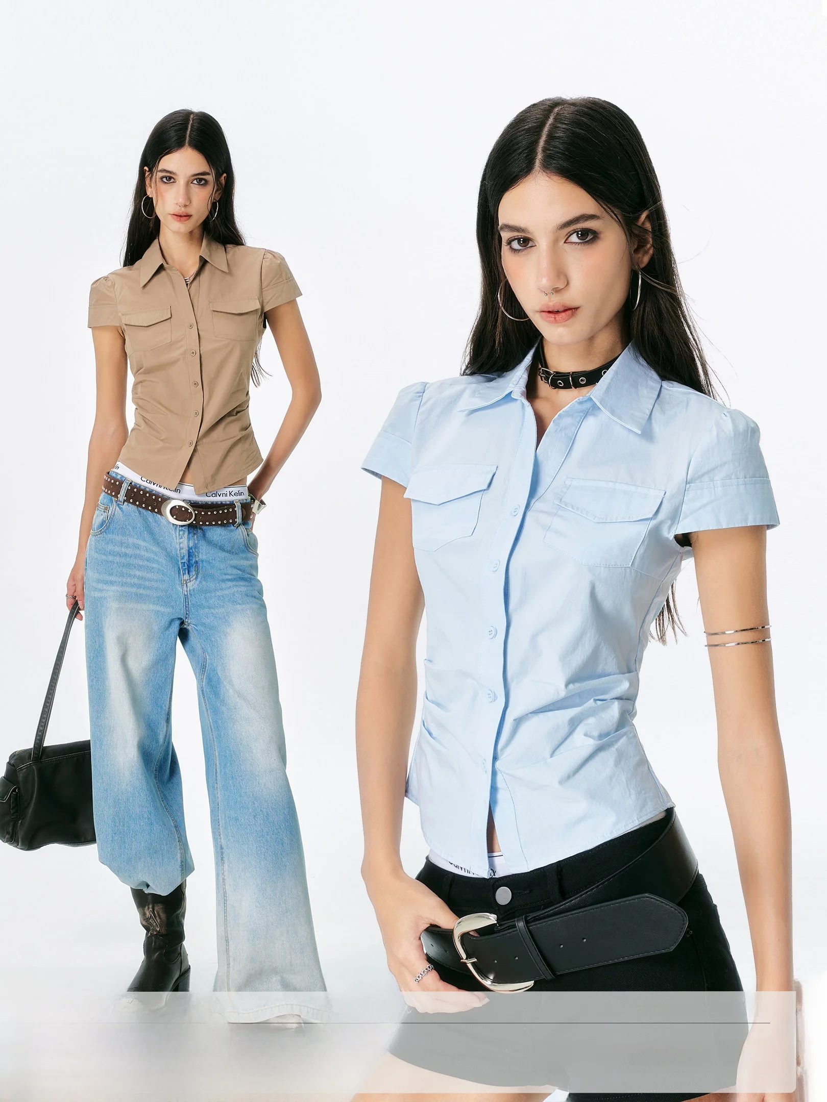 

Retro Workwear Short Sleeve Slim Fit Shirt Women's Summer New Style ICH MODE Cotton 100% Button up Casual Top