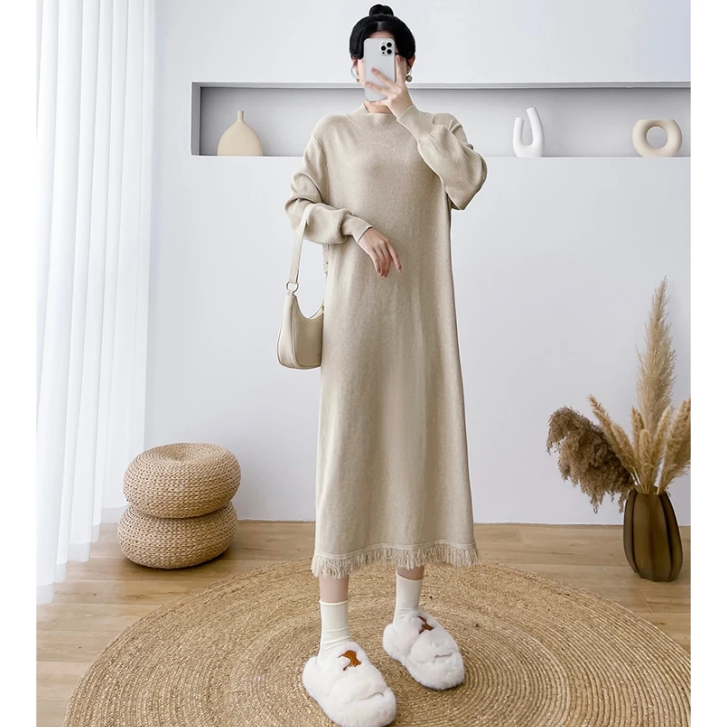 فساتين للنساء جديدة بأكمام طويلة ورقبة وهمية فستان نسائي أسود محبوك بشراشيب فستان مستقيم للنساء Vestidos De Verano Mujer Q1568 #5