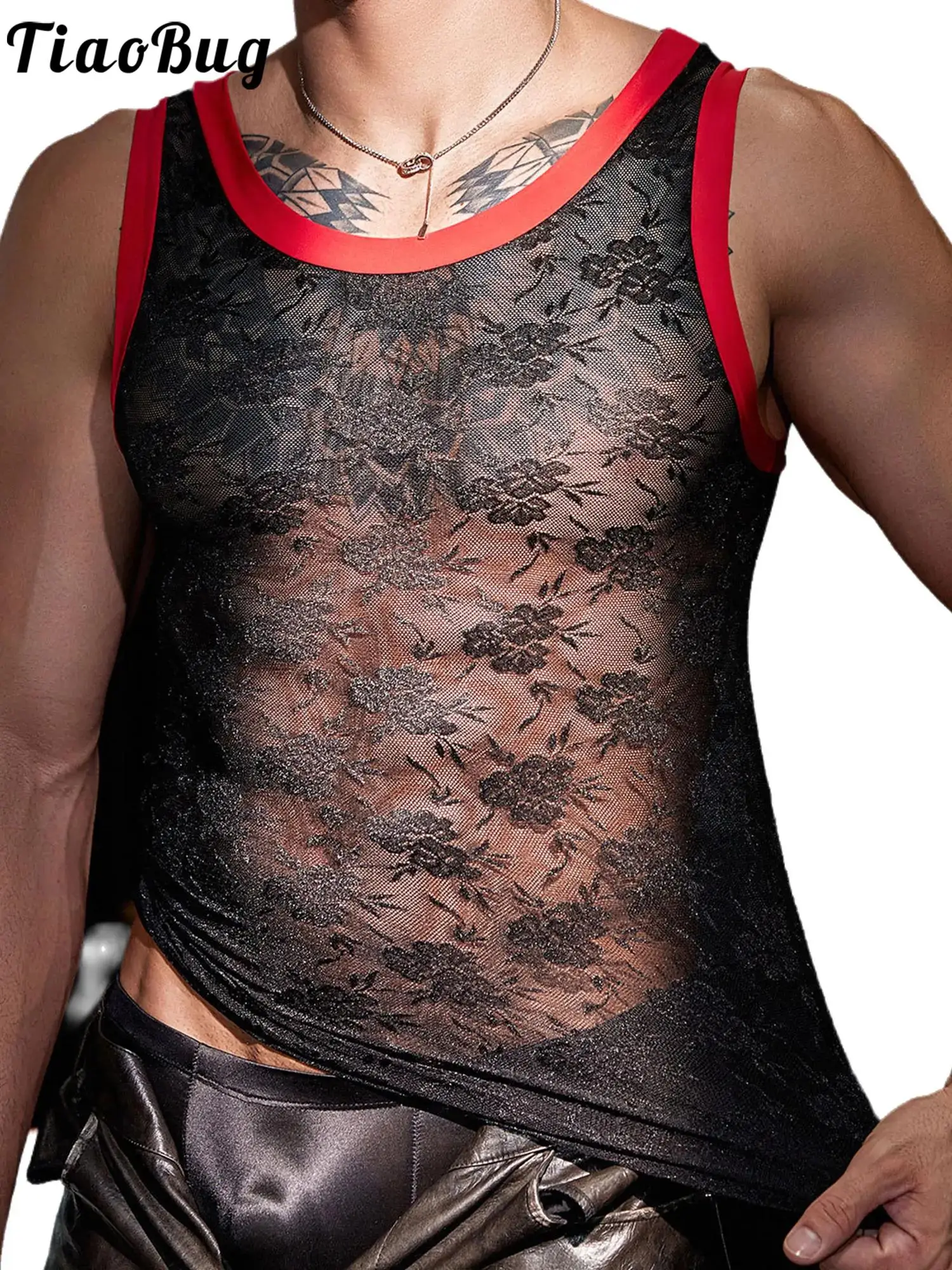 

Men's Sissy Floral Lace Tank Tops Sleeveless Stretchy See Through Breathable Lace Vest for Raves Single Party Gym Workout Tops