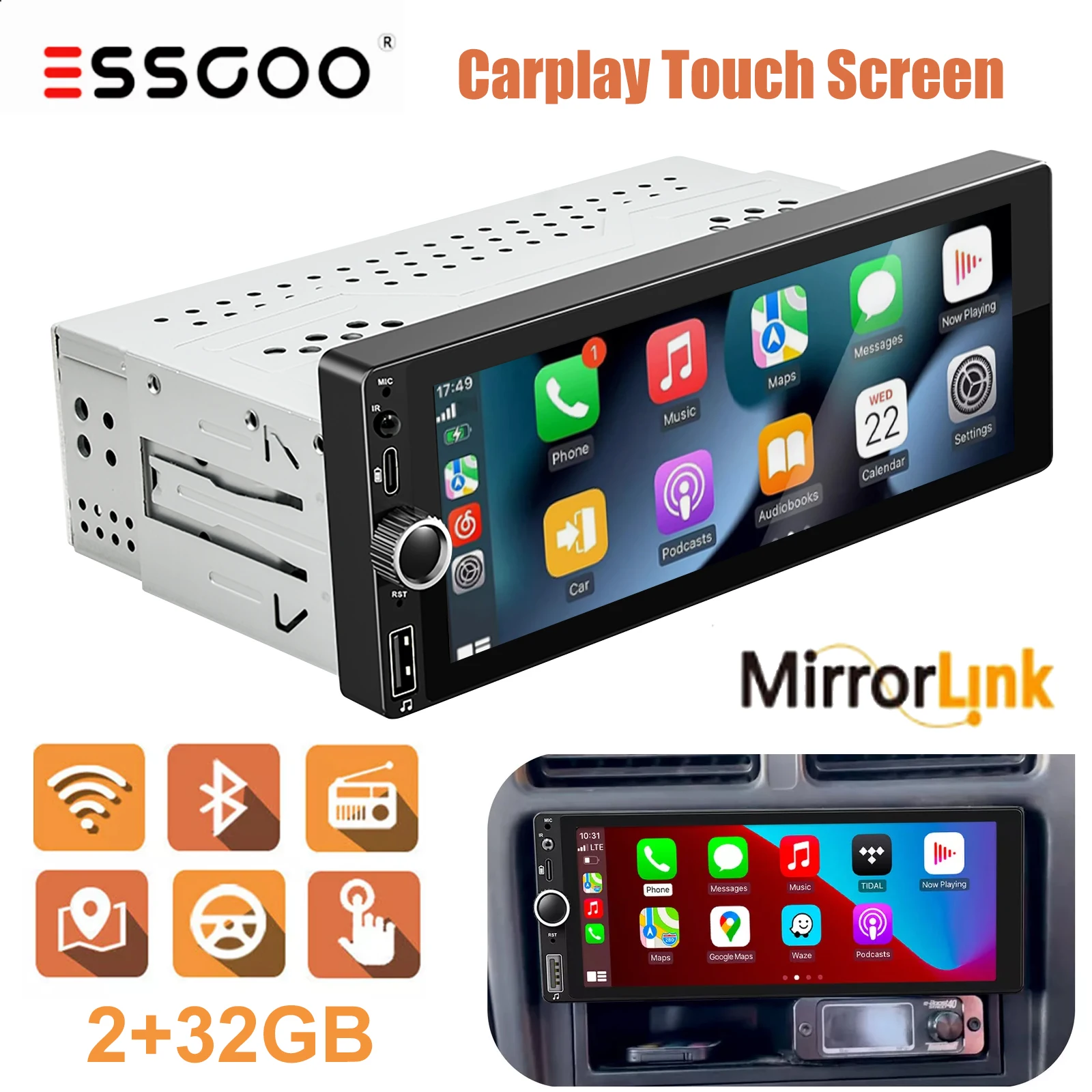 ESSGOO Single 1 Din Car Stereo Radio Wireless Apple CarPlay touchscreen Bluetooth Radio RDS Bluetooth USB Type-C GPS Navigation