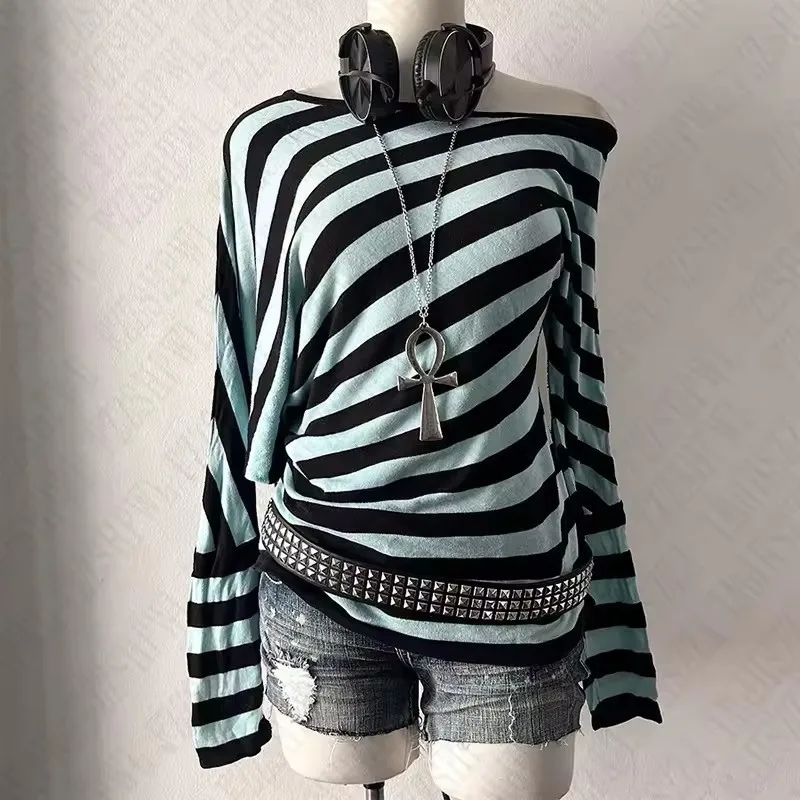 Long Sleeve Sweater Striped Round Neck Loose Fit Knit Top Lightweight Casual Oversized Pullover Off Shoulder Black And Mint