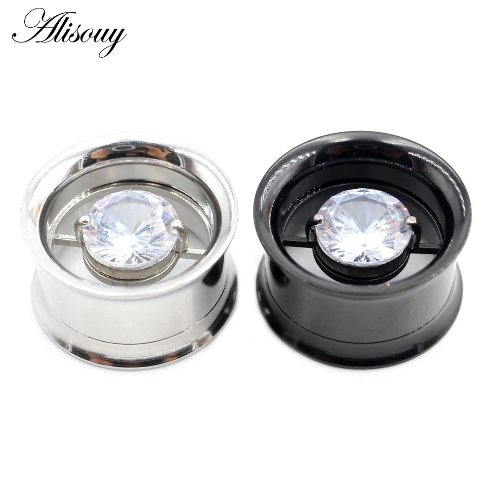 Alisouy 2PCS Stainless Steel Round Heart Zircon Ear Flesh Tunnels Plugs Expander Stretcher Double Flared Gauges Piercing Jewelry