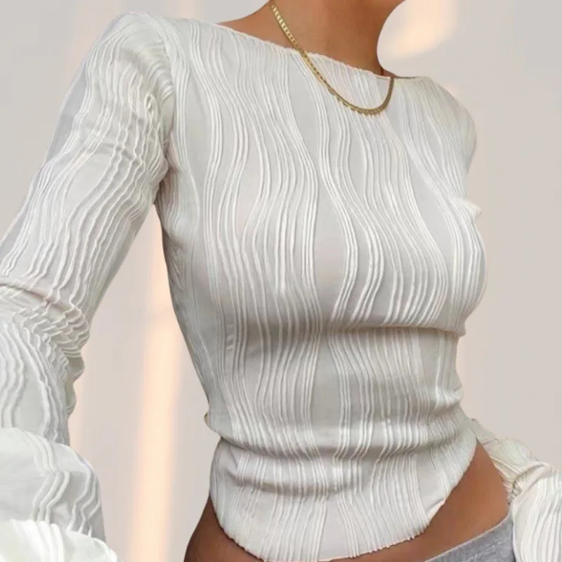 

Ruched Long Sleeve T Shirts Women Casual White Skinny Black Basic Tee Fashion Street Cropped Top Y2K Clothes T-shirt