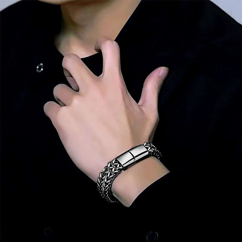 Hip Hop Stainless Steel Front And Back Fishscale Bracelet Men's Double Row Positive Punk Bracelet Niche Simple Versatile