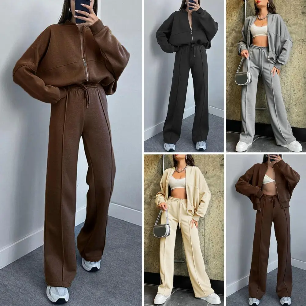 Women Breathable Suit Stylish Women's Tracksuit Set with Stand Collar Wide Leg Pants Zipper Closure Long Sleeve for Ladies