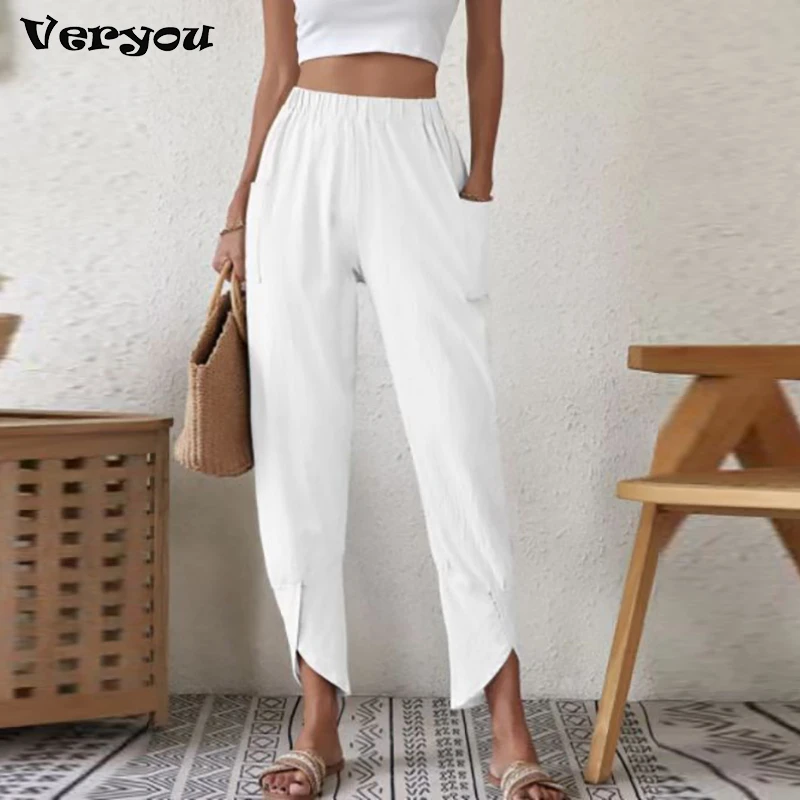 

2023Women Cotton Linen Harem Pants Summer Casual Loose High Waist Pocket Trousers Female Vintage Ankle-Length Wide Leg Trousers