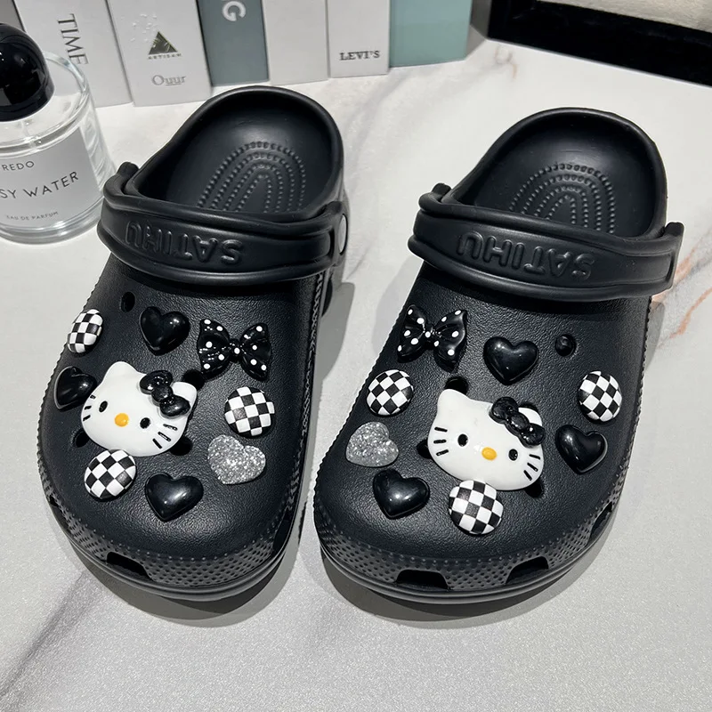 MINISO Hello Kitty Shoe Charms Set Black & White Theme KT Cat Girls Women Sandals Accessories Hole Shoes Slippers Decoration image 5