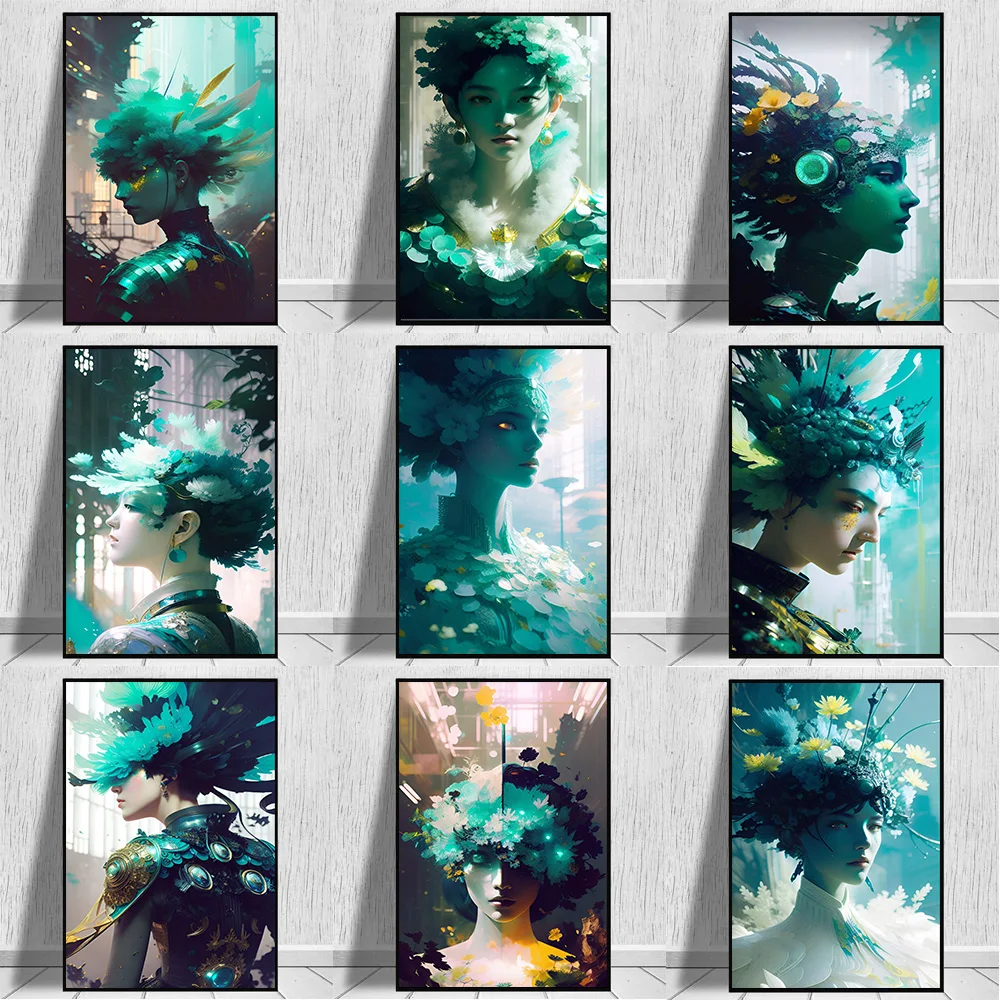 

Abstract Art Woman Canvas Paintings Wall Art Posters Portrait Print Lake Blue Art for Living Room Modern Home Decor No Frame