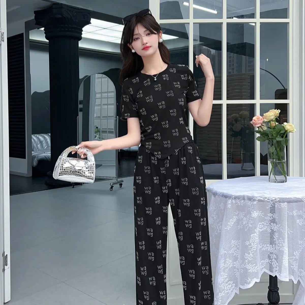 Fashion Summer Short Sleeve Set Heavy Industry Full Diamond T-shirt+ Wide Leg Pants