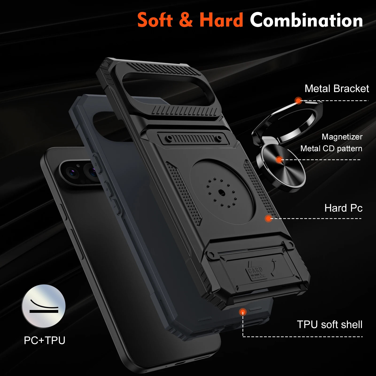 Luxury Rotating Ring Stand Armor Magnetic Case for Google Pixel 9 Pro XL Grade Drop Protection Built-in Card Slot Back Cover view 5