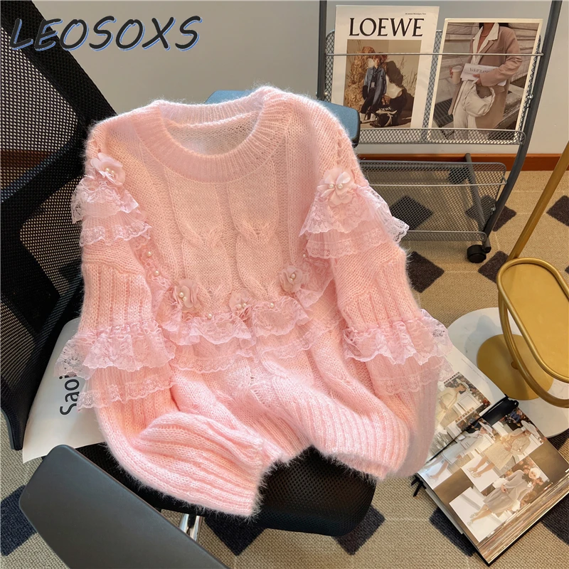 Winter Lace Stitching Flower Beaded Loose Sweet Knitted Sweater Casual Cashmere Women Knit Pullover Shirt/Top Y2k Clothes