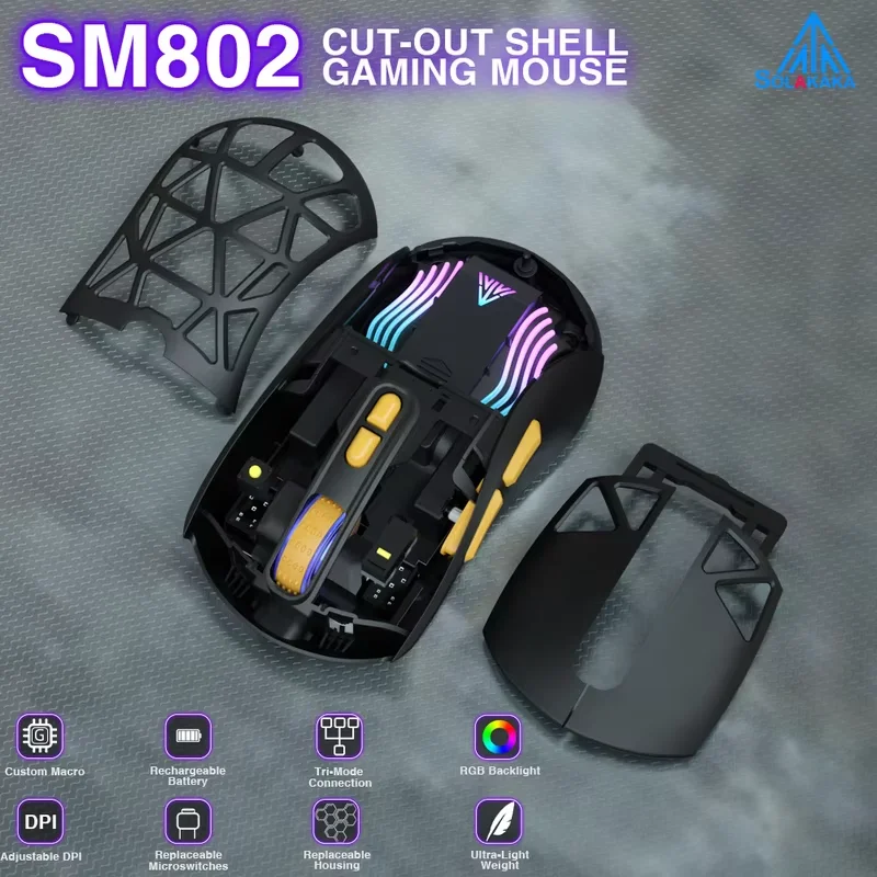 SOLAKAKA SM802 Mouse da gioco tri-modale RGB Wireless Ultraleggero Mouse silenzioso personalizzabile Mouse da gioco E-sports cablato 2.4G/BT per PC