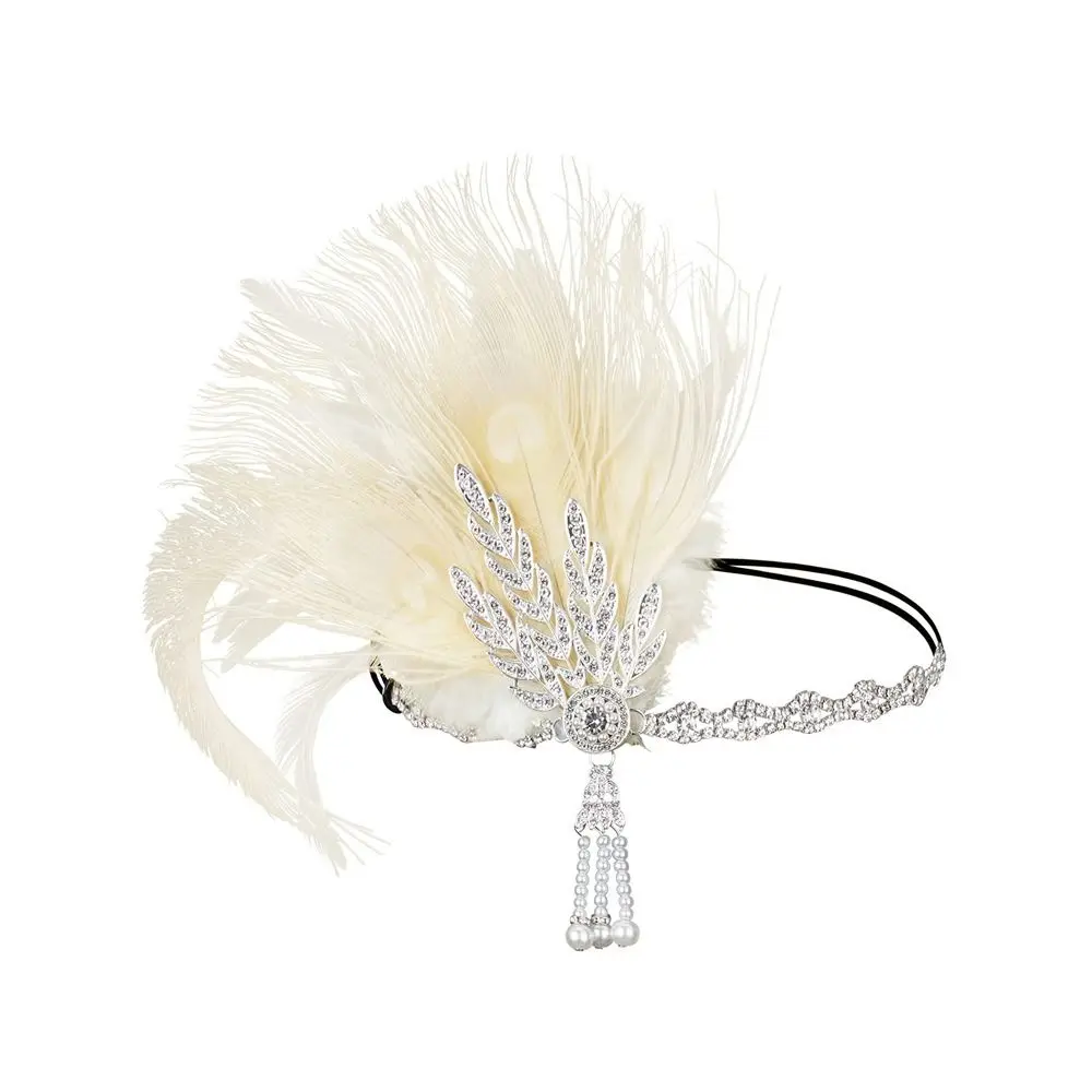 Retro Elegant Feather Headband Vintage Diamond Masquerade Hair Band Makeup Party 1920s Hair Accessories Stage Performance