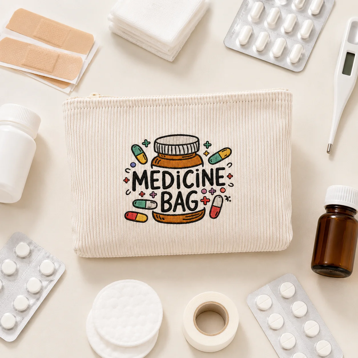 Printing Medicine Bag Soft Corduroy First Aid Pouch for Home Travel Family Medication Organizer Medical Storage Zipper Case view 5