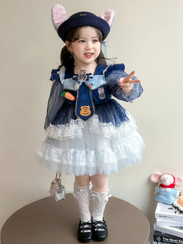 Girl Rabbit Officer Dress2025Spring and Autumn New Children's Little Girl Western Style Spring Princess Dress