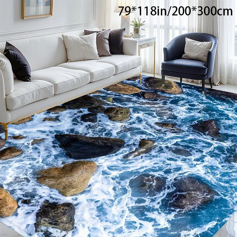 Mediterranean‑Style Wave & Stone Decor Rug, Non‑Slip Washable Easy‑to‑Clean Floor Mat for Sofa, Coffee Table, Bedside, Doorway