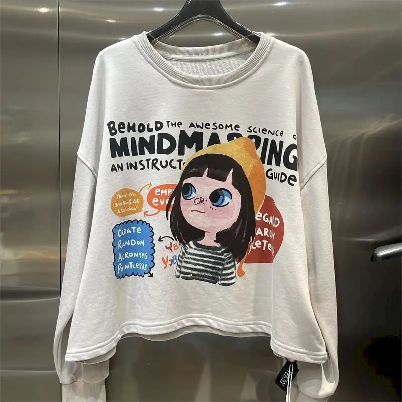 Original Fashion Pullovers Women Letter Cute Cartoon Printed Pullover Casual Loose Long Sleeve O-Neck Tops 2024 Autumn New In