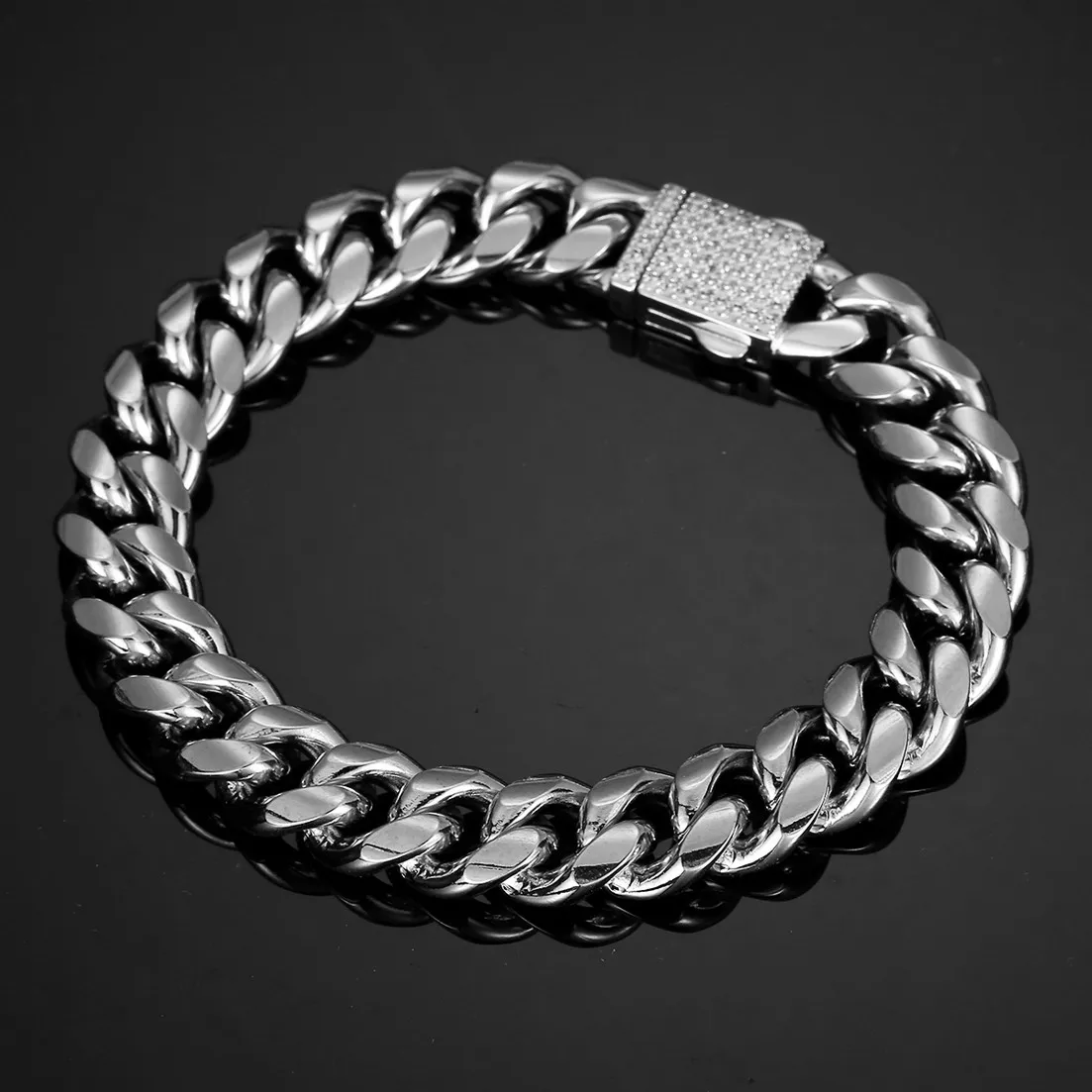 Hip Hop Jewelry 6mm-14mm Any Length 316L Stainless Steel Crystal Buckle Fashion Women Men\'s Miami Chain Bangle Bracelet