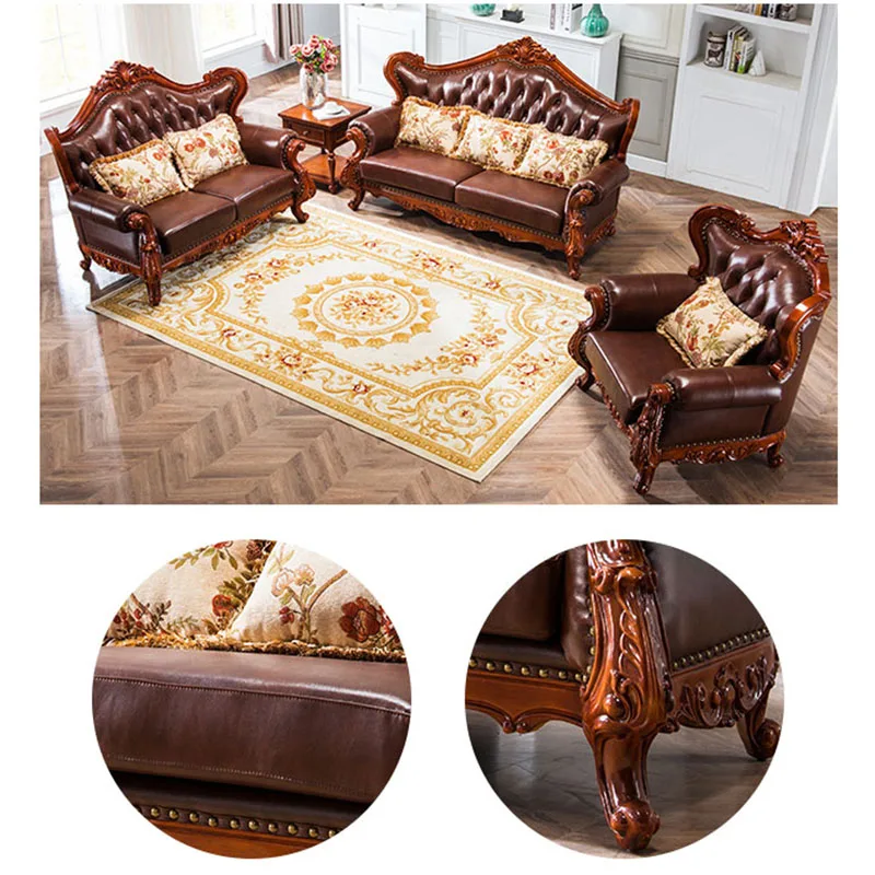 American Leather Art Carved Sofa European-style Solid Wood Combination Furniture Large ApartmentvLiving Room Home Furniture