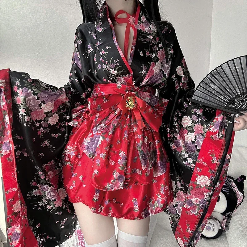 Abito kimono tradizionale giapponese Kawaii Pink Sakura stampato Bowknot Lolita Dress Halloween Party Geisha Costumi Cosplay coscos