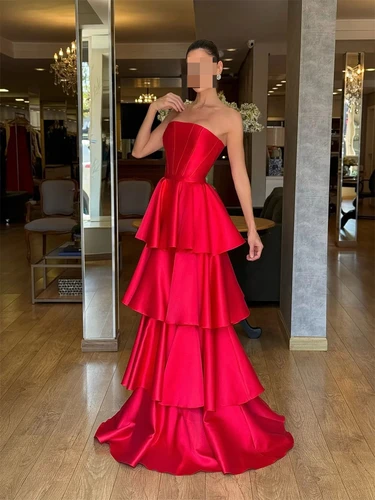 Imagen 2 del producto Cathy personalizar rojo capas satén A-line vestido de fiesta Simple sin tirantes vestidos de noiva elegantes hasta el suelo vestidos de noche 2025