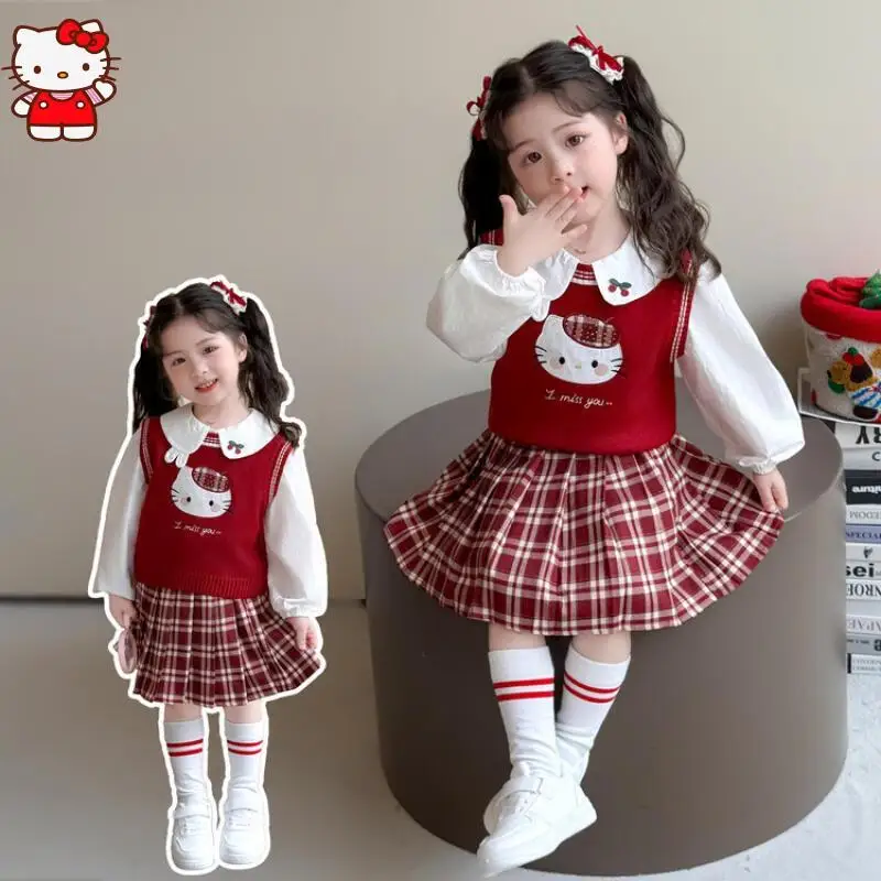 

Anime Hello Kitty Jk Uniform Set Pleated Skirt Button-Down Blouse with Embroidery Knitted Vest Three Piece Set Holiday Gifts