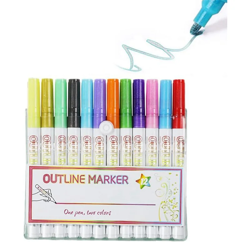 A42Z-12 Colors Glitter Gel Pens Sets, Outline Marker Double Line Pen  Markers Colorful Art Pens For Writing