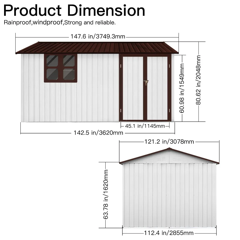 Metal Garden Sheds 10ftx12ft Outdoor Storage Sheds White+coffee with Window Outdoor Heavy Duty Storage House for Backyard