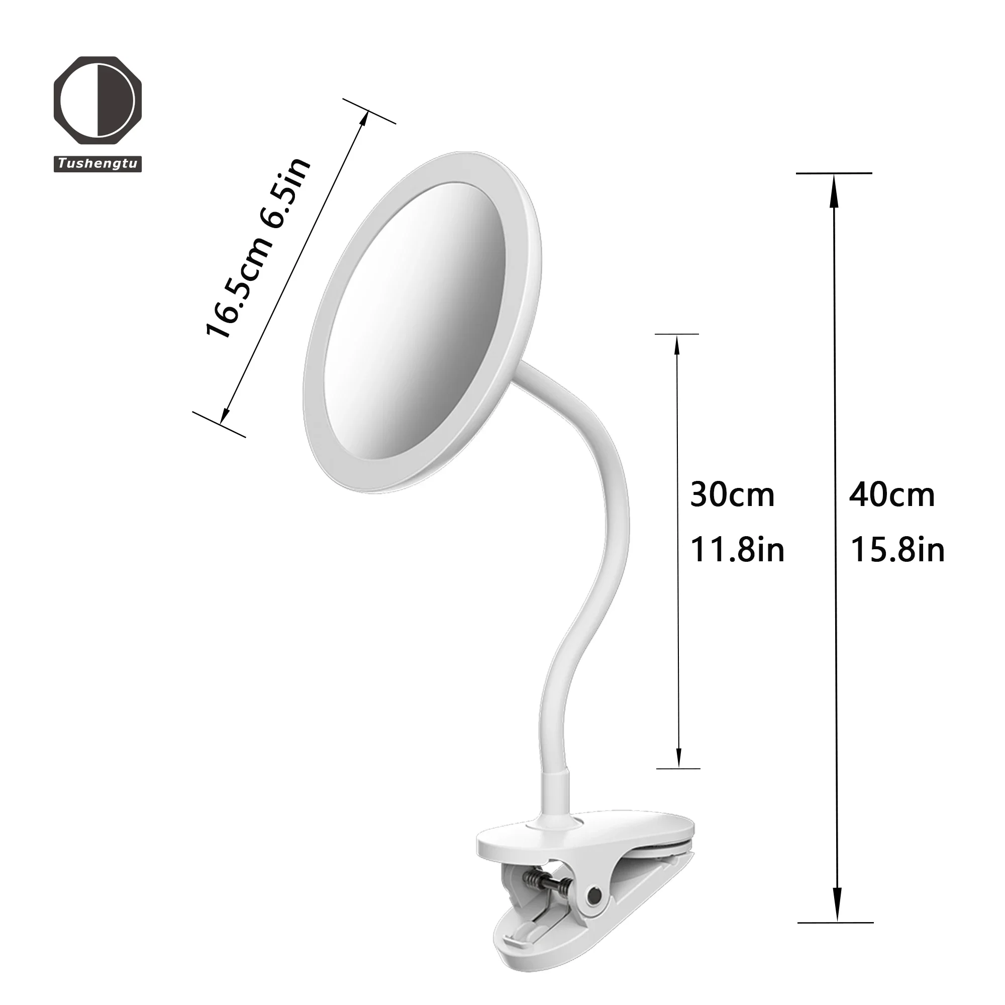 TUSHENGTU 6.5 "miroir de bureau de maquillage à clipser avec lumière, miroir grossissant flexible de voyage à col de cygne 10x, Recharge USB