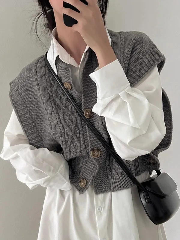 Loose Women's Knitted Sweater Vest Spring Autumn New Style Twist Design Sleeveless Outerwear Fashionable round Neck Short Length