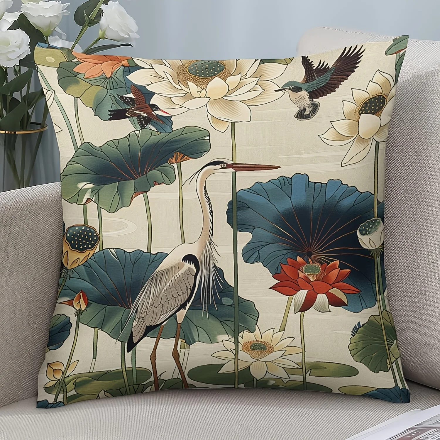 Chinoiserie Lotus Heron Throw Pillow Cover Vintage Watercolor Flower Bird Decorative Cushion Case for Sofa Couch  Home Decor