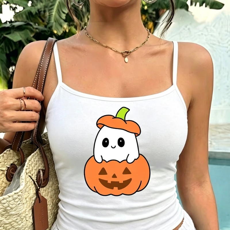 Womens Cami Top Contoured Mascot Silhouette Vibrant Orange Squash Cap Printed Thin Shoulder Straps Crisp White Base for Outwear