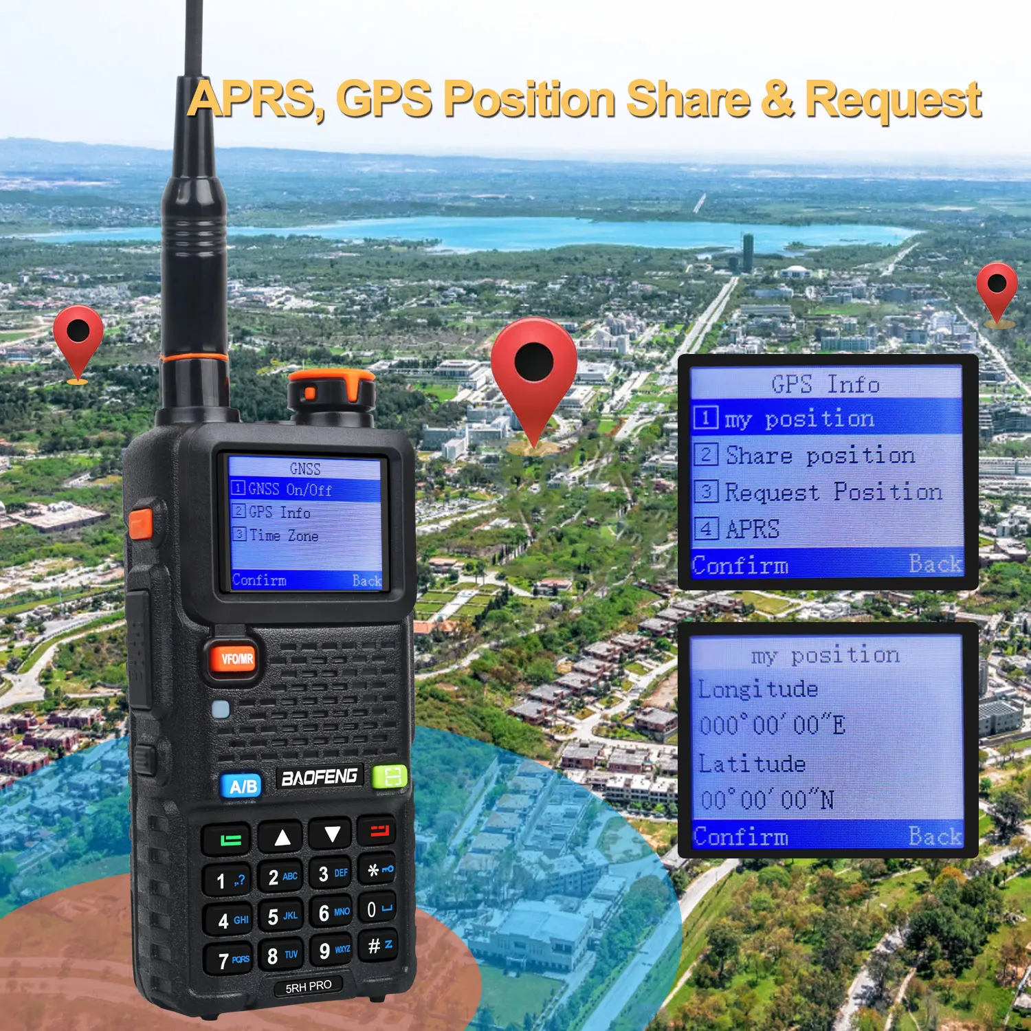 Baofeng New Model 5RH PRO 2M 70cm Ham Radio Multi Band GPS Vox 1750Hz Air Band FM Walkie Talkie 640Ch One Touch Frequency Search