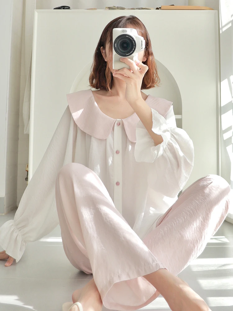 New  Ice Silk Pajamas Women's Spring and Autumn Sweet Thin Long-Sleeved Satin Silk High-Grade Home Clothes