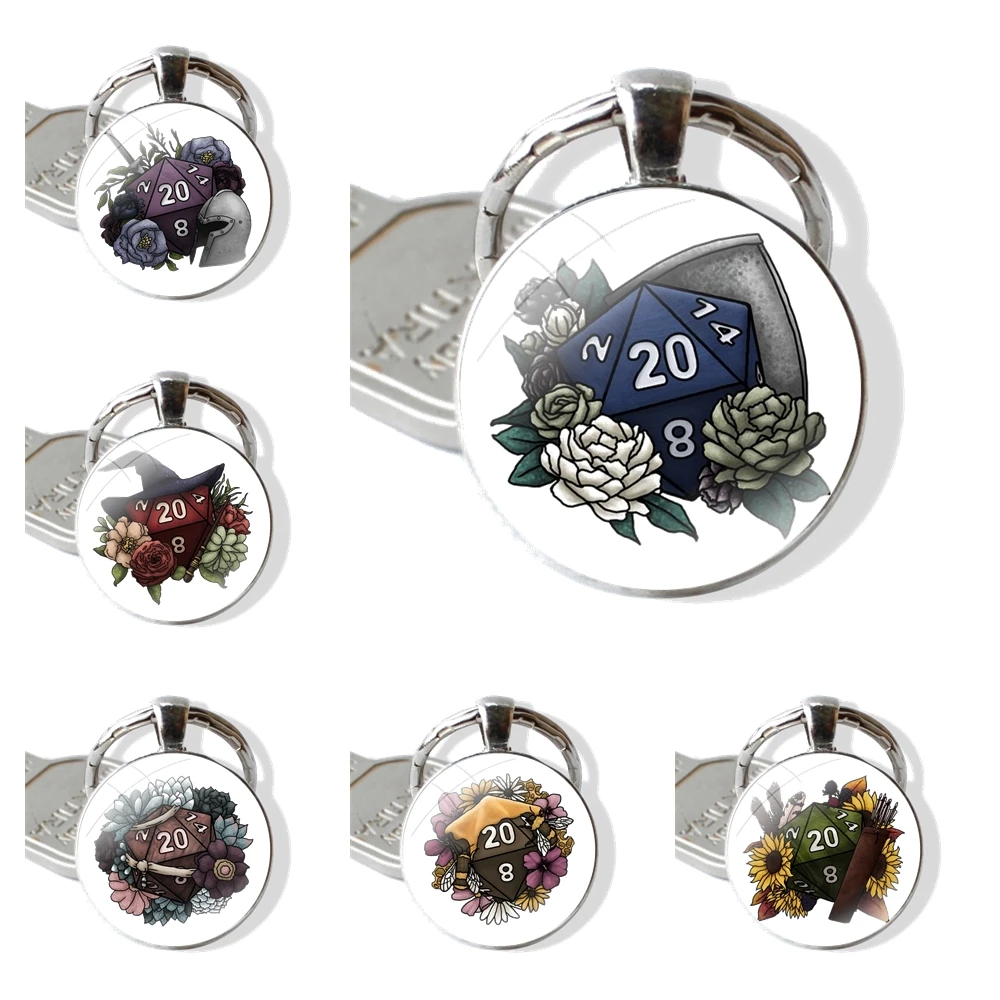 Succulent D20 Tabletop Rpg Gaming Dice Keychain Handmade Glass Cabochon Key Ring Holder Pendant Key Chains