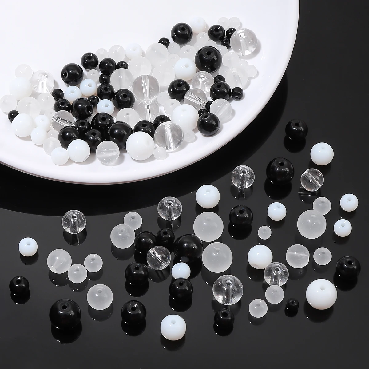 About 42-100pcs glass round beads, black and white dispersion beads, DIY handmade necklaces, bracelet beads, jewelry accessories