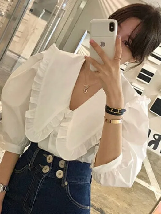 Chic Spring New Sle Agel Doll Collar Single Button Loose Versatile Bubble Sve irt Top Women Casual Faionable
