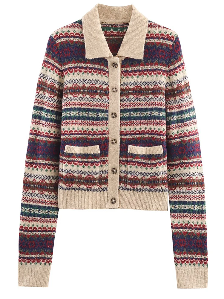 

Women Knitted Coat 2025 Autumn Fashion Long Sleeve Button Stripe Print Knitted Cardigan Women High Street Elegant Short Coats