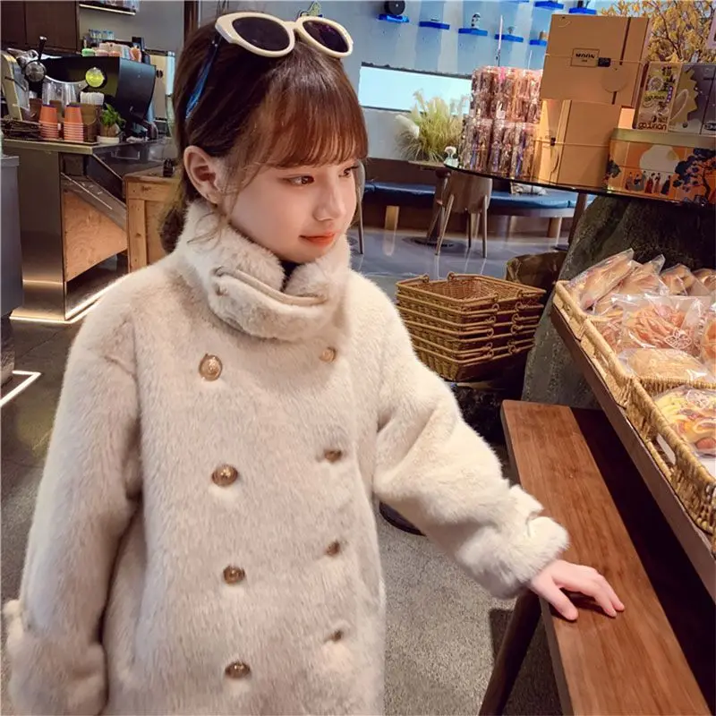 

korea Girls Casual Fashion Coats Solid Color Warm Thicken Cottoned Winter Outdoor Artificial fur Long Parka Jackets Elegant Coat