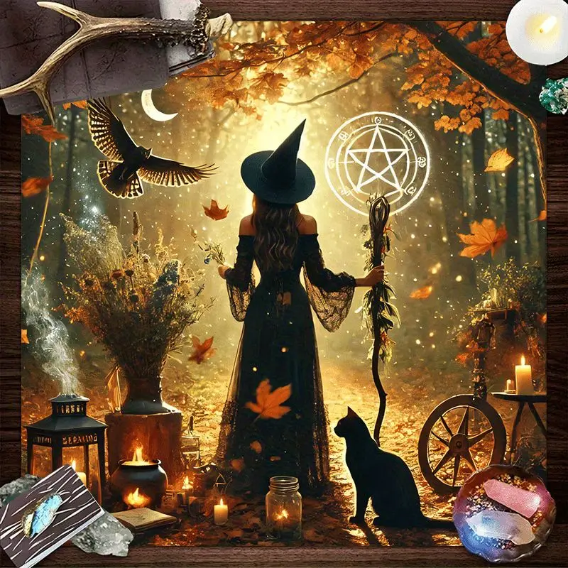 VIKAMA Retro Crow Moon Phase Tarot Tablecloth Mystical Divination Altar Cloth Ritual for Spiritual Room Decor Witchy