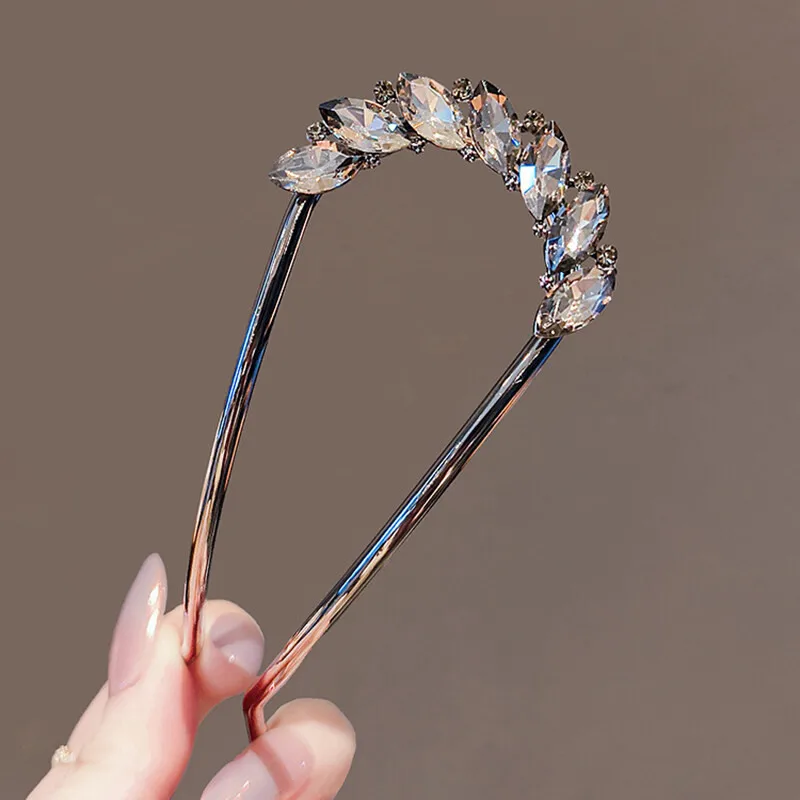 Crystal Leaf U-shaped Hairpin for Women Black Color High-end Metal Hair Clasp Summer Simple Bun Hair Sticks