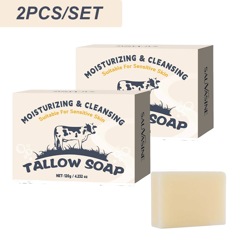 

2PCS/SET Natural Grass Fed Tallow Soap Skin Moisturizing Face & Body Wash Beef Tallow Soap Bar Handcrafted Bath Soap Skin Care