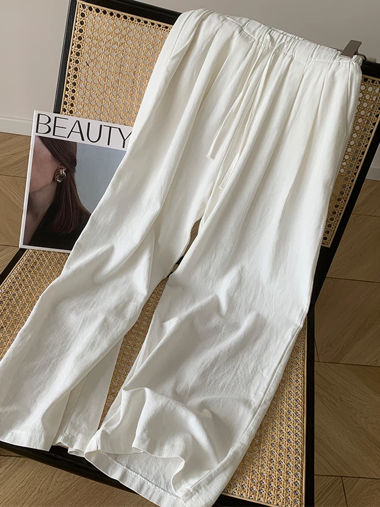 White Cotton and Linen Wide-leg Pants Women's Summer Thin Elastic Waist Versatile Casual Loose Straight Trousers Baggy Pants