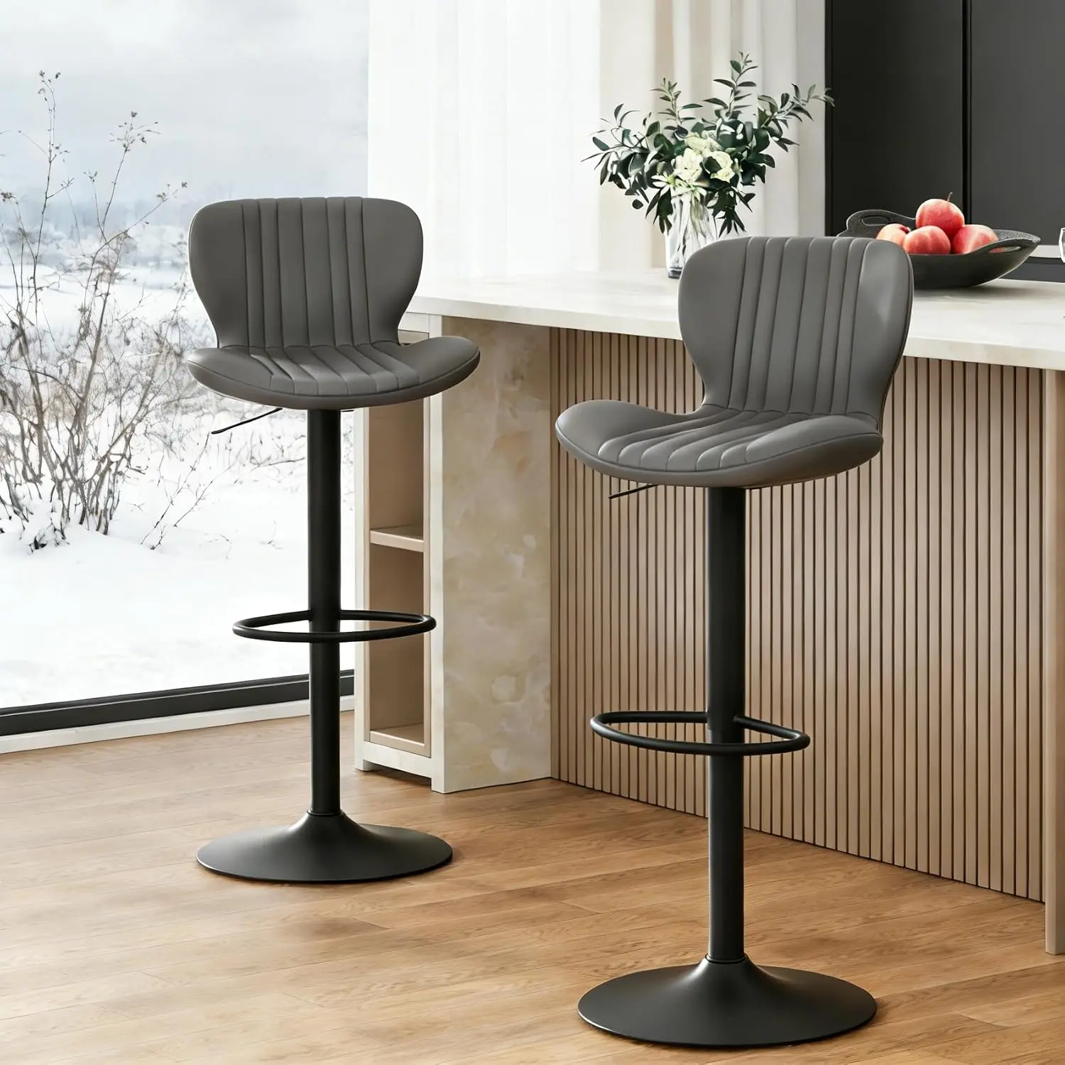 Bar Stools Set of 2, Leather Adjustable Barstools Counter Height Modern Bar Stools, Island Chairs Set of 2 for Kitchen, Grey