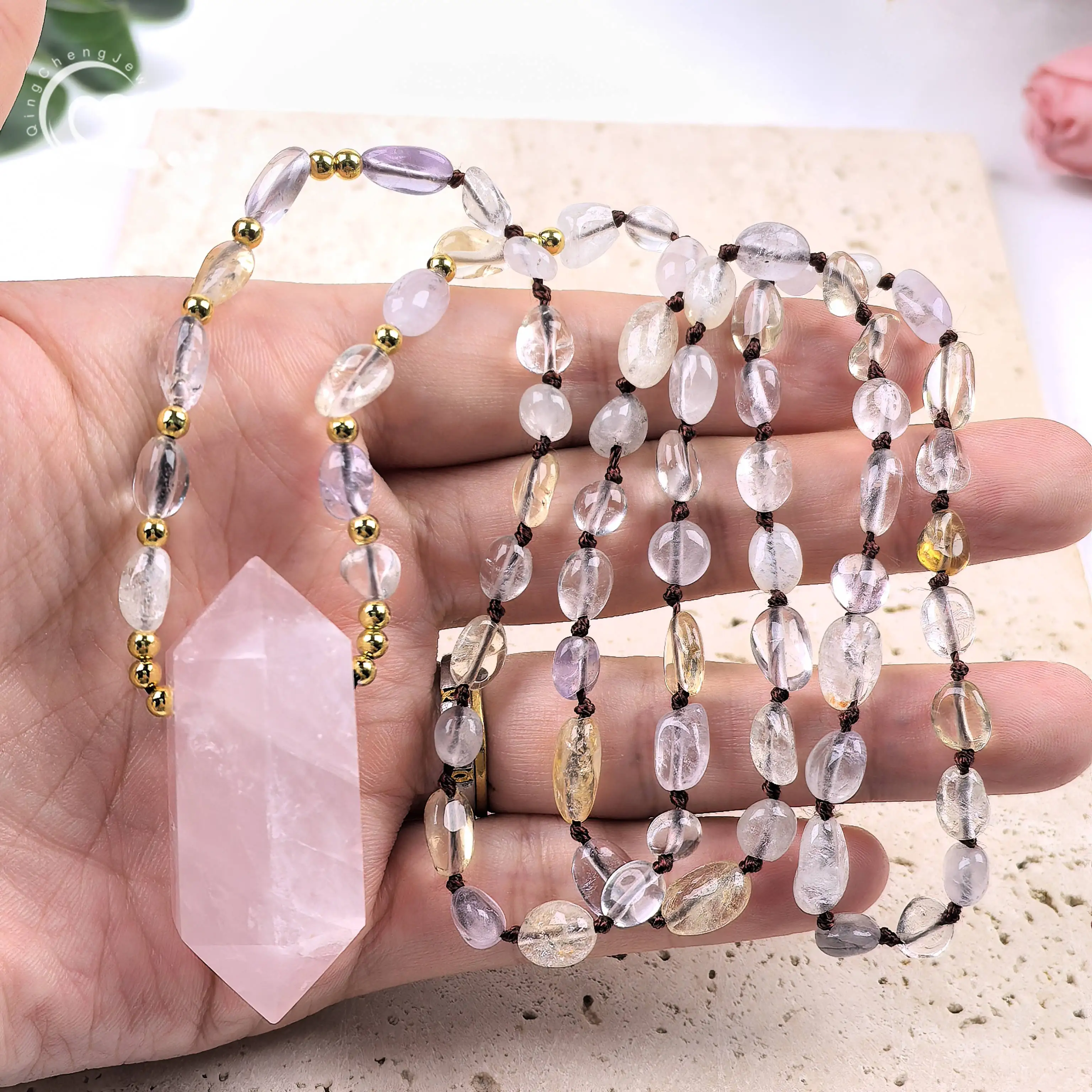 

Double Point Rose Quartz Pendants 108 Mala Necklace Knot Handmade Amethyst Citrine Nugget Chip Beads Yoga Prayer Jewelry,QC0213