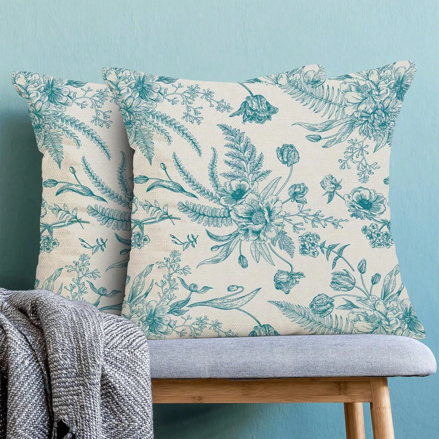 1pc Teal Botanical Floral Pillow Cover, Polyester Double-Sided Print, Vintage Flower & Fern Design, Nature-Inspired Home Decor G