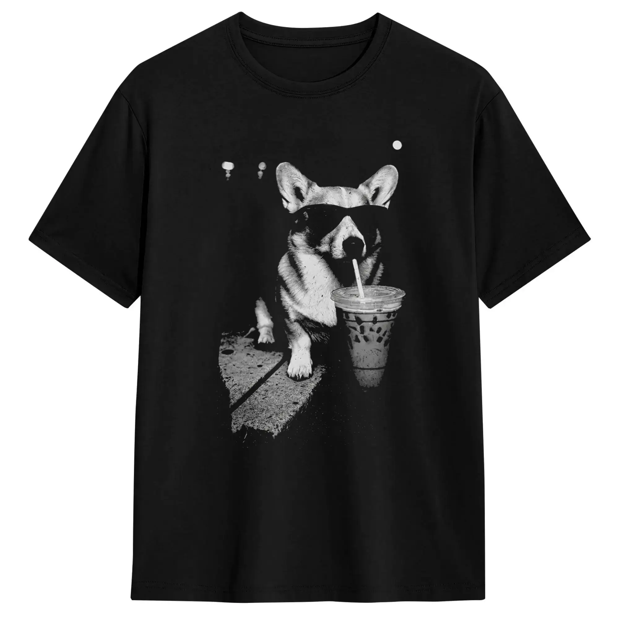 Corgi Drinking Iced Coffee Funny Corgi Dog Coffee Vintage T-Shirt Beach  Streetwear T-Shirts Pure Cotton Hipster Tee Shirt