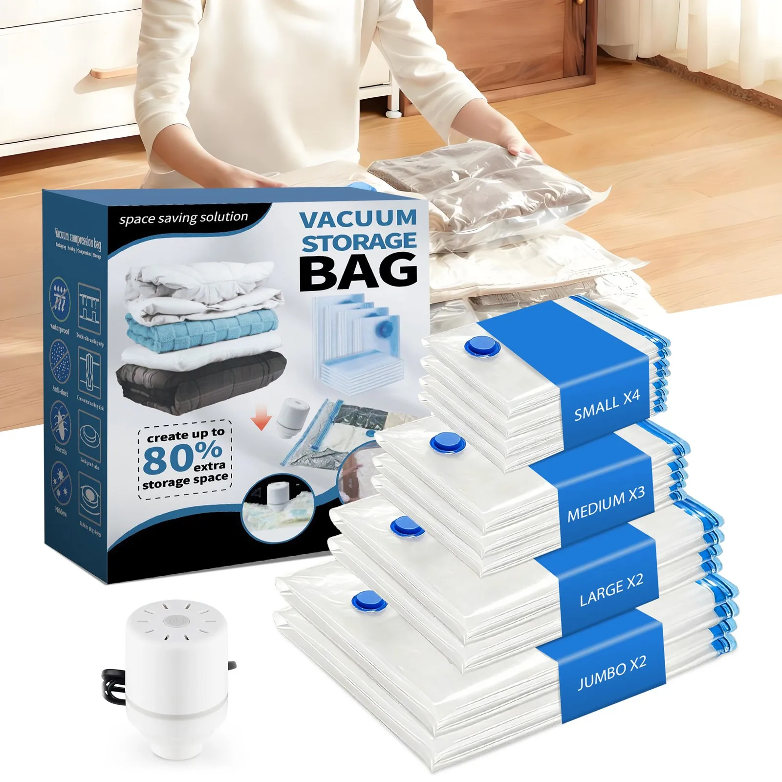 

11 Pack Vacuum Storage Bags With Electric Pump 4 Sizes Space Saver For Clothes